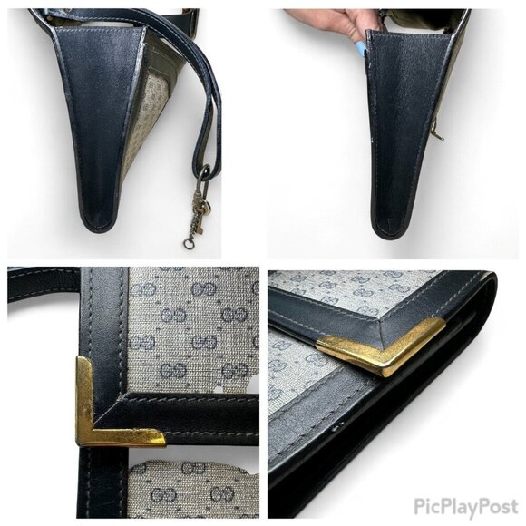 GUCCI Shelly Line Grey and Navy Blue Monogram Canvas Clutch w Stripes, Unisex - Picture 13 of 16